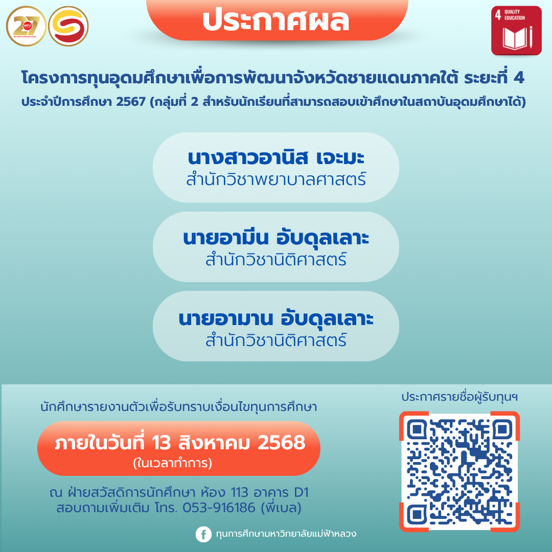 ประกาศผลการพิจารณาคัดเลือก - ทุนโครงการทุนอุดมศึกษาเพื่อการพัฒนาจังหวัดชายแดนภาคใต้ ระยะที่ 4 ปีการศึกษา 2567 (กลุ่มที่ 2 สำหรับนักเรียนที่สามารถสอบเข้าศึกษาในสถาบันอุดมศึกษาได้)
